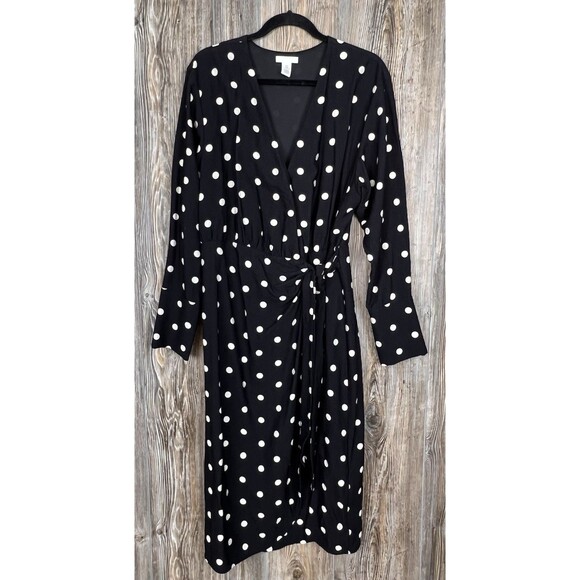 H&M Women’s Black/White Polka Dot V Neck Wrap Midi Dress Size Medium - Picture 1 of 16